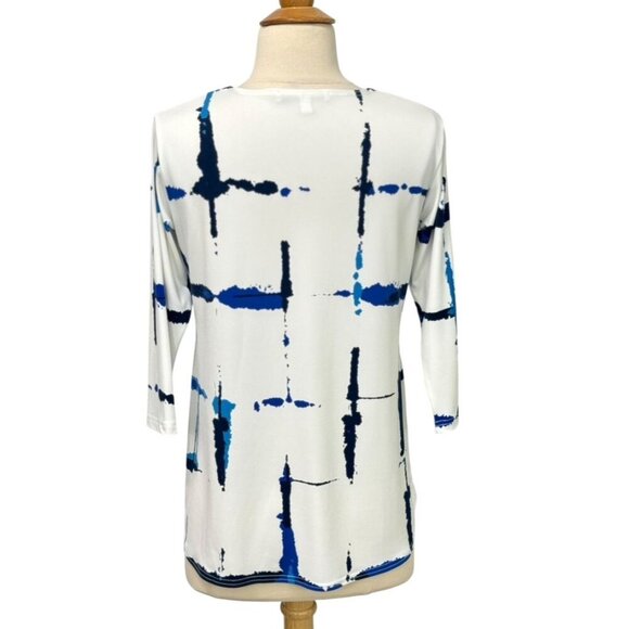 Sympli White Tunic Top Blue Artsy Print Slinky Knit Jersey Stretch Artsy Size 6 - Picture 4 of 8
